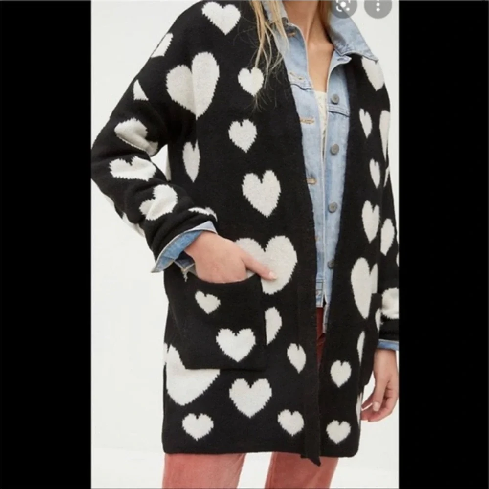 Anthropologie Maeve Halley Hearts Cardigan In Black/White | Size M/L oversized - Picture 1 of 16
